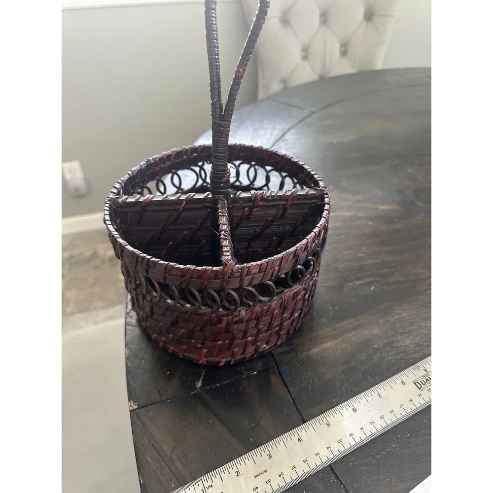 Woven Wicker Utensil Caddy Dark Brown Round 4 Compartment Silverware Holder 7in